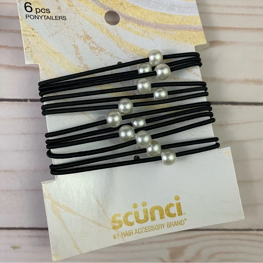 3x Scunci Ponytailers 6-pcs each pack Black 2 w/ Faux Pearls Hair Ties
